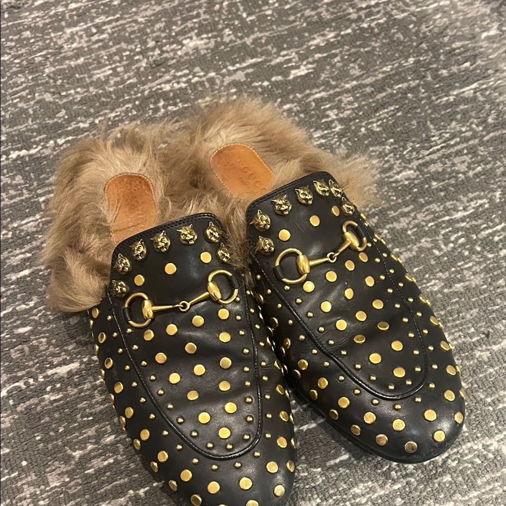Gucci Black and Gold Studded Fur Loafers